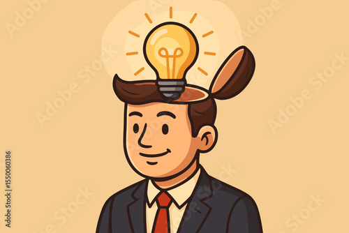 Businessman with Open Head and Glowing Light Bulb. Creative Idea Concept. Innovation, Leadership, Brainstorming, Intellectual Inspiration, Solution, Smart Thinking. Vector Cartoon Illustration