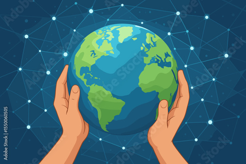 Hands Holding Earth Globe with Global Network Connections, Environmental Responsibility, Digital Communication, Technology, Save Planet, Science Concept Vector Illustration