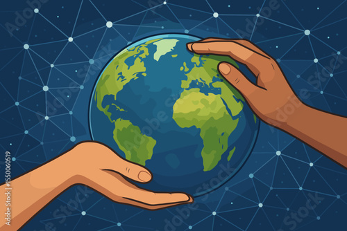 Diverse Hands Holding Earth Globe, Global Connection Concept, Cartoon Vector. International Unity, Environmental Protection, Abstract Science Network, World Community Collaboration Illustration