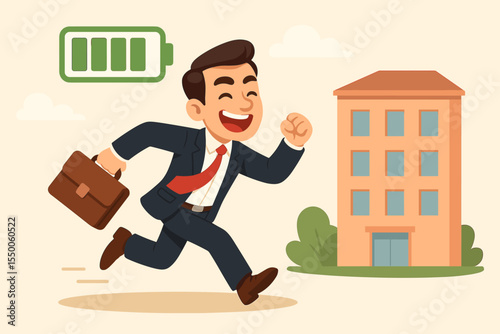 Energetic businessman running to office with full battery icon, successful career motivation, workplace enthusiasm, stress resistance, productivity, professional achievement, vector illustration