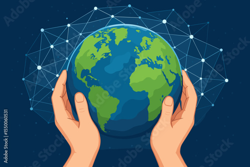 Human hands holding earth globe. Global network connection. Science, environmental conservation, world protection, sustainability, technology concept. Abstract vector cartoon illustration.