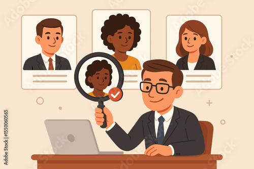 HR manager analyzing job candidate profiles with magnifying glass, talent acquisition, recruitment process concept, human resources selection, hiring decision, business office cartoon illustration