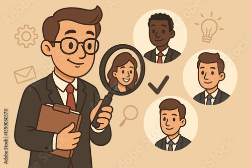 HR manager with magnifying glass selecting best job candidate, recruitment process, talent acquisition, hiring decision, human resources, diverse business team, cartoon vector illustration