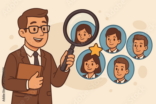 Human Resources Manager Evaluating Applicants with Magnifying Glass. Selecting Best Job Candidate. Talent Acquisition, Recruitment Process, Employee Search, Hiring Decision. Vector Cartoon Concept.