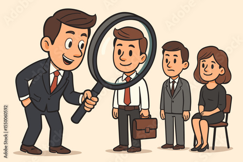 Cartoon HR recruitment concept with businessman holding magnifying glass selecting best candidate from job applicants. Hiring process, employee search, human resources vector illustration