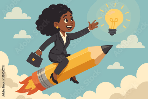 Ambitious African American Businesswoman Riding Rocket Pencil to Success Reaching for Creative Idea Light Bulb. Leadership, Inspiration, Innovation, Empowerment, Vision. Vector Cartoon Illustration