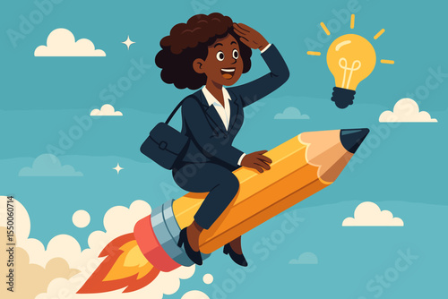 Ambitious African American businesswoman flying on pencil rocket, pursuing creative ideas, innovation, and inspiration for business growth, success, leadership, and entrepreneurship concept