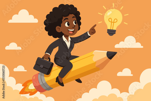 Ambitious African American Businesswoman in Suit Riding Rocket Pencil Toward Lightbulb Idea, Business Growth, Creative Innovation, Leadership, Inspiration, Motivation, Cartoon Vector Illustration