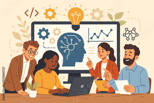 Diverse business team collaborating on artificial intelligence, machine learning, data analysis, innovation, brainstorming, digital technology development, creative teamwork, vector illustration