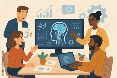 Diverse business team brainstorming artificial intelligence and machine learning solutions, data analysis, teamwork, innovation, digital technology, office collaboration, vector illustration