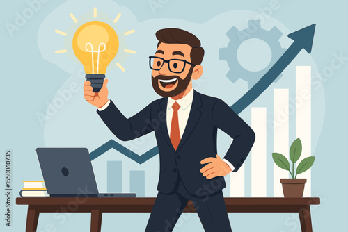 Visionary businessman with bright idea holding glowing light bulb in office, driving company growth and productivity, innovation and creativity concept, rising graph, vector illustration