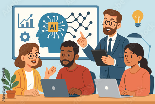 Diverse business team discussing artificial intelligence, machine learning strategy, digital innovation, teamwork, technology brainstorming, AI development meeting, office collaboration vector