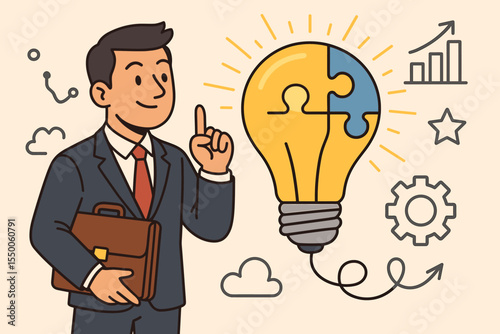 Businessman with Briefcase Generating Creative Idea. Light Bulb Puzzle Innovation Concept. Problem Solving, Strategic Business Planning, Growth Strategy, Success Solution. Vector Cartoon Illustration