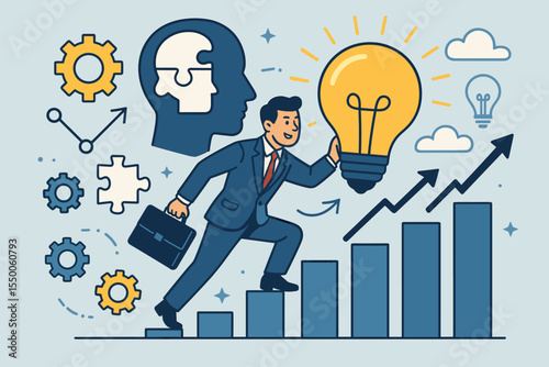 Business innovation strategy creative problem solving concept. Businessman with briefcase climbs bar graph, holds lightbulb idea. Growth success, teamwork, gears, abstract puzzle brain vector