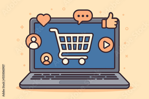 Online shopping cart laptop illustration. E-commerce digital marketing concept. Social media icons like heart, thumbs up, chat, users. Internet retail, store website. Vector cartoon technology