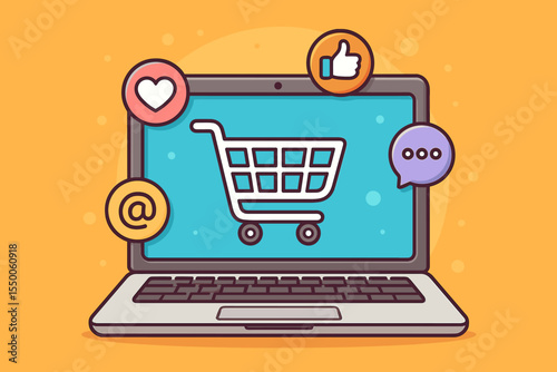 E-commerce online shopping concept. Laptop with shopping cart icon, social media notification symbols, digital marketing, internet retail, communication, mobile commerce vector illustration