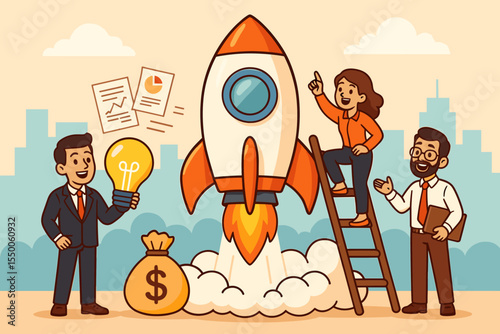 Startup launch success concept. Business team brainstorming, planning, strategy and innovation. Rocket launch symbolizing new company, entrepreneurship, vision, investment, teamwork, business growth