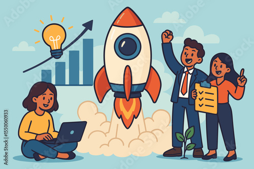 Startup Launch Success Concept. Business Teamwork, Rocket Takeoff, Growth Graph, Innovation Lightbulb, Entrepreneur Planning, Motivation, Vision, Strategy, Checklist, Cartoon Vector Illustration