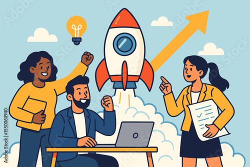 Startup launch success business teamwork concept. Team brainstorming innovative ideas, rocket project growth, leadership collaboration, planning, technology, mission achievement. Vector illustration
