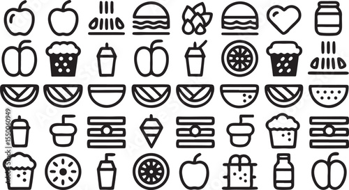 Hand-drawn doodle sketch vector icon set of kitchen tools and food symbols