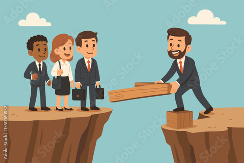 Business leader building bridge with wooden planks to help diverse team cross gap. Teamwork, leadership, problem solving, support, overcoming obstacles concept. Cartoon vector illustration.