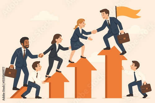 Teamwork success business growth. Businesspeople helping colleagues climb arrows. Leadership, mentorship, support, corporate achievement, career development, diversity. Vector concept illustration