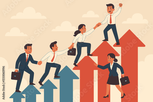 Business teamwork concept, leaders helping colleagues climb arrows to success, collaboration, support, mentoring, achieving goals, professional growth, career advancement, vector illustration