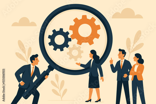 Business teamwork concept with businesspeople analyzing gears under magnifying glass, collaboration, problem solving, process improvement, innovation, strategy, vector illustration