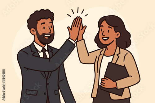 Business Team Success High Five, Office Collaboration, Gender Equality, Professional Colleagues Celebrating Achievement, Motivational Teamwork, Partnership, Diversity, Vector Illustration
