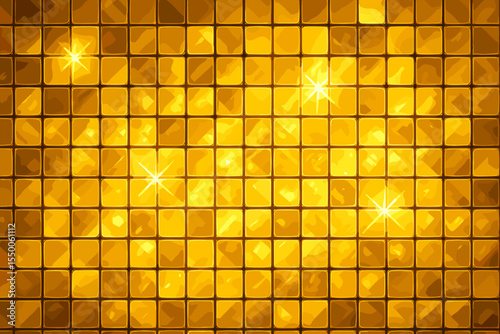 Shiny golden mosaic glass tile pattern with glowing reflections. Luxury gold wall background. Modern seamless vector texture. Sparkling light grid effect. Glamor, decoration, design element