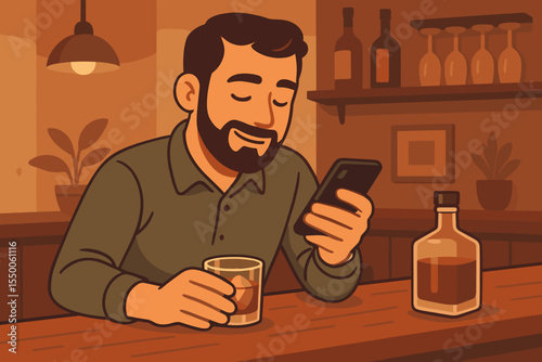 Man Relaxing After Work at Cozy Home Bar Counter, Enjoying Bourbon Whiskey, Texting on Smartphone, Evening Leisure, Modern Lifestyle, Adult Male, Alcohol Drink, Vector Cartoon Illustration