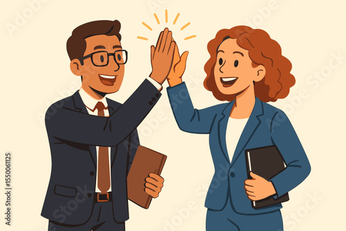 Business teamwork success celebration. Male and female colleagues high five, office collaboration, gender equality, partnership, leadership, corporate achievement. Vector illustration