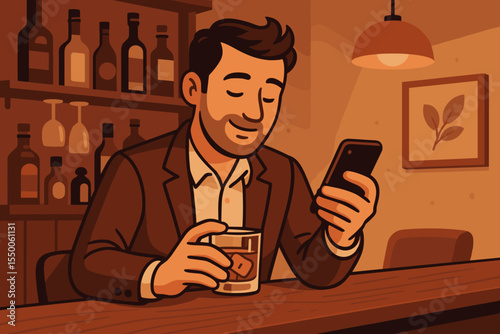 Relaxed man in suit sipping bourbon whiskey and texting on smartphone at cozy home bar counter, evening leisure after work, modern lifestyle, vector cartoon illustration, warm atmospheric lighting