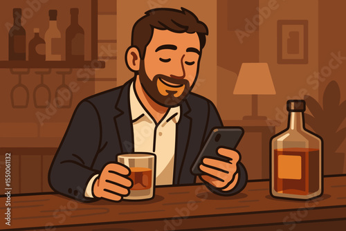 Businessman relaxing after work at home bar counter, enjoying bourbon whiskey, texting on smartphone, casual evening leisure, cozy atmosphere, modern lifestyle vector cartoon illustration