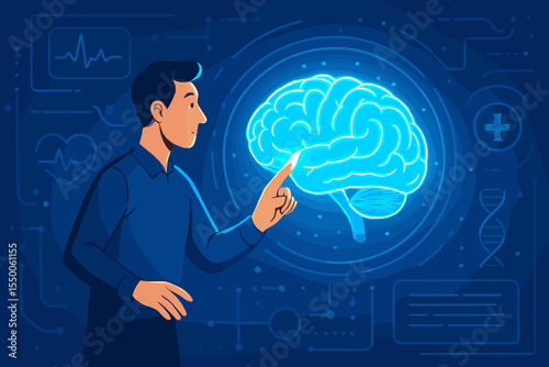 Futuristic medical technology illustration of a man interacting with glowing virtual brain hologram interface, digital neuroscience, cognitive research, healthcare innovation, mind mapping
