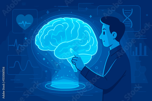 Futuristic medical technology concept with man interacting with glowing virtual brain hologram, artificial intelligence, neuroscience, digital healthcare, innovation, blue science illustration