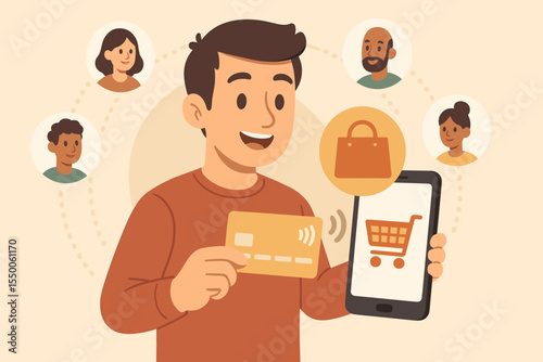 Smiling man shopping online with credit card, mobile payment, digital wallet, e-commerce concept, community network, diverse customer connections, cartoon vector illustration technology