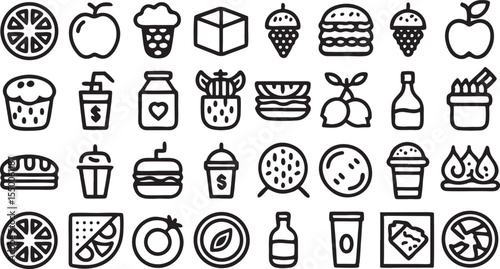 A versatile vector icon set featuring food, drink, and kitchen symbols like coffee cups, wine glasses, cakes, and beer mugs, perfect for restaurant and cafe designs