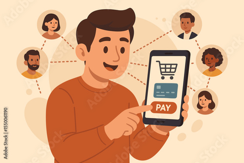 Man Using Mobile Payment App for Online Shopping, Digital Transaction with Connected Customer Network, Secure E-Commerce, Smartphone Checkout, Social Payment, Cashless Purchase Concept Vector