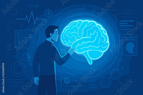 Futuristic man interacting with virtual brain interface. Artificial intelligence, neuroscience, medical innovation, digital health technology, cognitive science, data visualization vector illustration