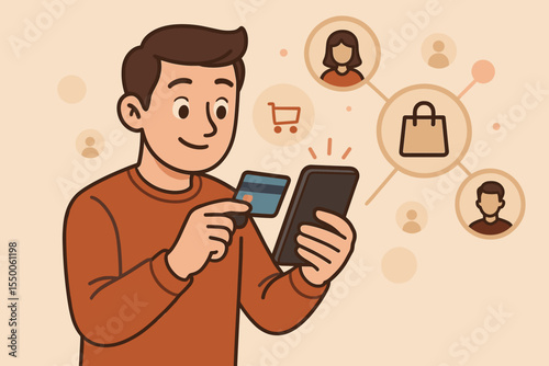 Smiling man using smartphone for mobile payment and online shopping, holding credit card, connected people network, ecommerce purchase, digital transaction, social commerce concept illustration
