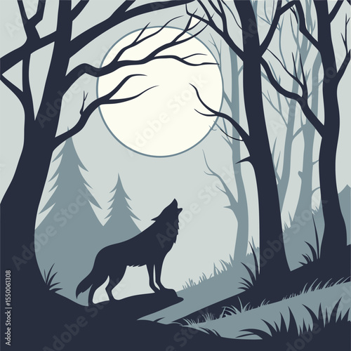 Silhouette of Howling Wolf on Cliff Against Full Moon in Forest at Night , ai generator
