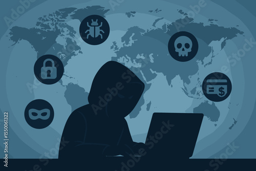 Silhouette of a hooded hacker typing on a laptop against a world map backdrop. Vector art showing global cyber attack: malware bug, breach, skull icon, phishing mask, padlock, credit card theft.