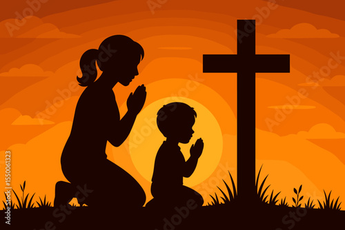 Silhouette mother and son praying kneeling cross sunset. Christian family faith, worship, devotion, religion, spirituality, hope, love, togetherness. Vector illustration for Easter, church, prayer.