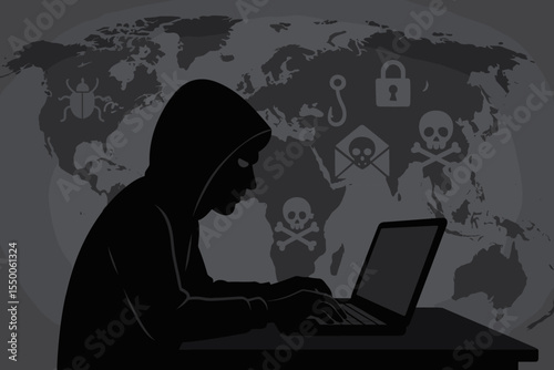 Global cyber threat vector hacker silhouette at laptop. Dark hooded cybercriminal preparing malware and phishing attack on world map background with virus bug, skull, padlock, envelope, hook icons