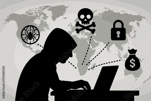 Silhouette hacker at laptop launching global cyber attack with skull and crossbones icon, malware spider, lock breach symbol and money bag over world map background. Vector cartoon illustration