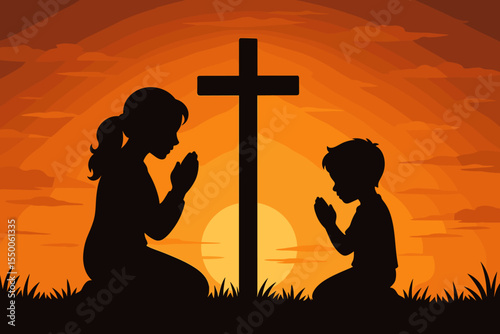 Silhouette of mother and son kneeling in prayer before a cross at sunset over grass field, spiritual Christian family devotion concept, silhouette vector illustration, religious faith worship scene