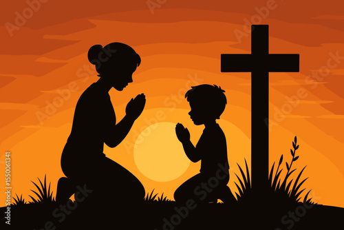 Silhouette of mother and son praying beside a cross at sunset horizon. Family Christian prayer scene. Spiritual devotion. Kneeling silhouettes of faith, hope, love concept vector illustration.