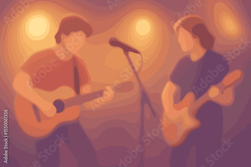 Dreamy soft blurred guitarists duo performing live on stage under warm golden stage lights with acoustic and electric guitars in vector cartoon illustration capturing concert music ambiance background