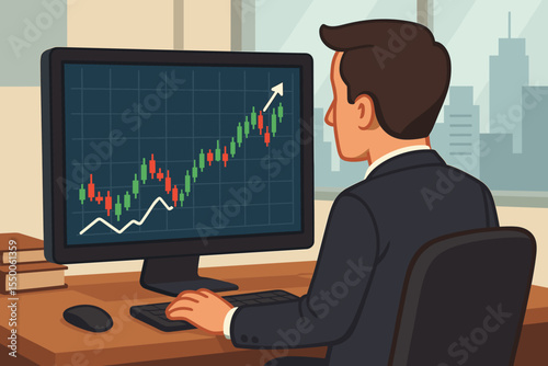 Businessman analyzing rising stock market candlestick and line chart on computer monitor in office overlooking city skyline. Financial analysis, growth trend, market data visualization